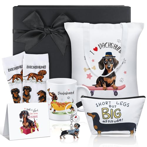 7 Pcs Dachshund Gift Sets for Women Include Weiner Dog Keychain Cosmetic Bag Socks Mug Tote Bag Cards with Gift Box for Christmas Dachshund Lovers Gifts