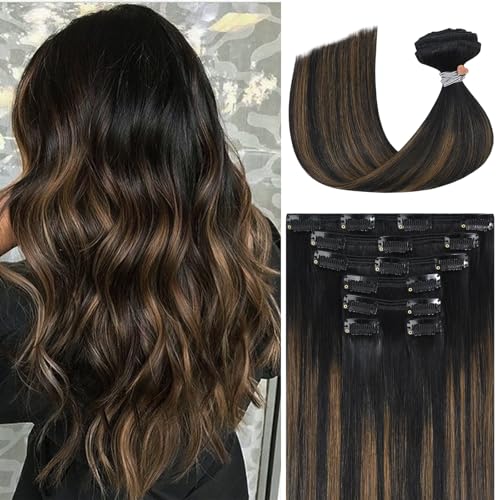 Ukira Balayage Hair Extensions Real Human Hair, 16 Inch 120g 7pcs Natural Black to Chestnut Brown Human Hair Clip in Extensions, Soft Natural Straight Clip in Hair Extensions Real Human Hair