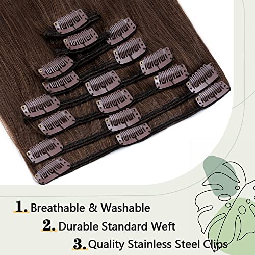 S-noilite Clip in Human Hair Extensions Full Head 8 Pieces/Set Long Straight Silky Soft Clip on Hair (18"-100g #4 Medium Brown)
