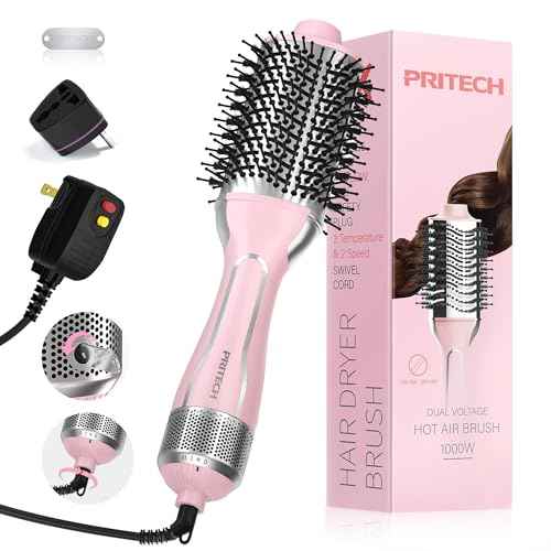 PRITECH 1000W Dual Voltage Ceramic Ionic Hair Dryer Brush,4-in-1 Hot Air Styler & One Step Volumizer for Straight & Curly Hair Salon (110-120V/220-240V),Blush Silver
