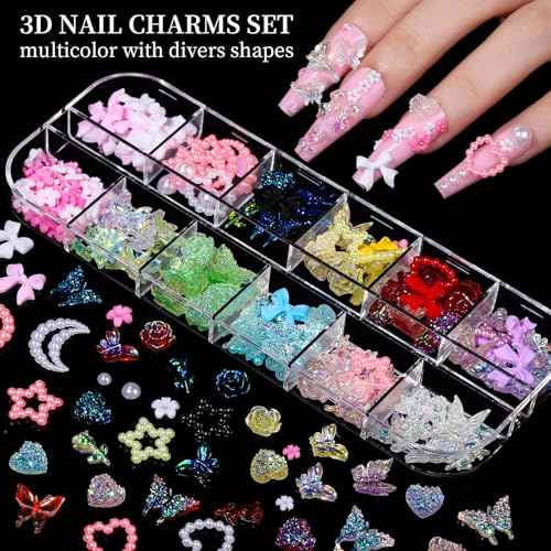 FANDAMEI Nail Charms, Nail Rhinestones Kit with 8 Boxes of Nail Gems, 3D Charms for Nails, Colorful Clear Flatback Rhinestones, Multi Shape Pearls Jewels Crystals for Craft