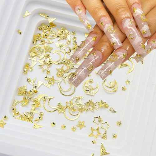 2 Box Gold Star Moon Nail Charms 3D Metallic Art Studs for Jewelry Decorations Luxury Design Supplies Accessories DIY Acrylic Kit
