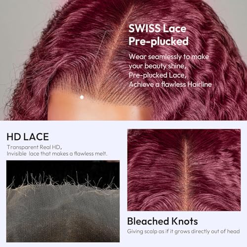 Estilar 99j 13x6 HD Lace Front Wigs Human Hair Burgundy Curly Human Hair Wig with Baby Hair 200 Density Red Deep Wave Lace Front Wigs for Women 22 Inch