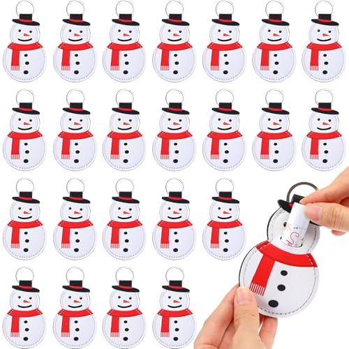 24 Pcs Christmas Lipstick Holder Keychain Lip Balm Holder Bulk Lipstick Neoprene Portable Sleeve for Christmas Party Favors Gifts Women Nurses Teachers Employees Friends(Snowman)