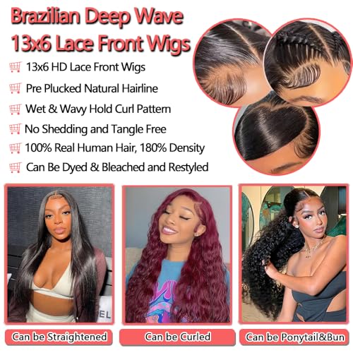 Deep Wave Lace Front Wigs Human Hair 180% Density 13x6 Lace Front Wigs Human Hair Pre Plucked Curly Wig for Women 28 Inch