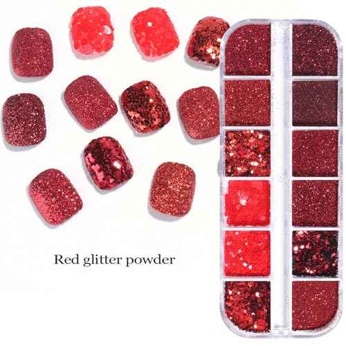 12Grid Red Nail Glitter Holographic Powder for Christmas, Winter & Festival Nail Designs - DIY Manicure Decoration