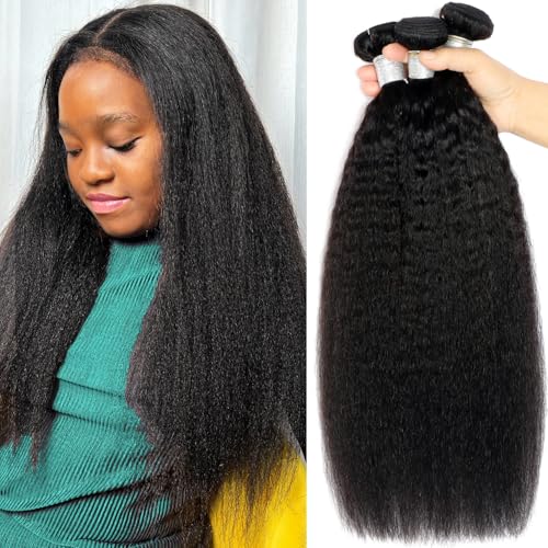 Kinky Straight Human Hair Bundles Yaki straight 3 Bundles Human Hair For Black Women Natural Black 14 16 18 Inch Kinky Straight Bundles