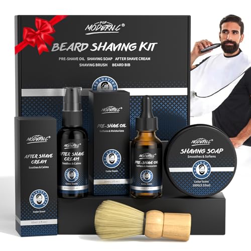 5Pcs Shaving Kit for Men Gift Set Includes Shaving Soap Butter Beard Bib Apron Pre Shave Oil After Shave Lotion Cream Shaving Brushes Mens Shave Christmas Birthday Day Fathers Day Stocking Stuffers