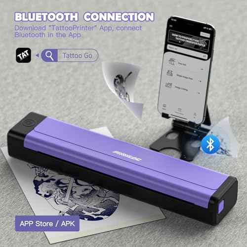 Padieoe Tattoo Stencil Printer with 10Pcs Transfer Paper - Bluetooth, Wireless, 2000mAh - Portable Thermal Printer Machine for Tattooist- 11.5x2.6x1.8in - Purple