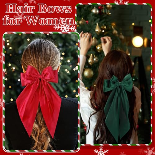 5 Pcs Satin Hair Bows - Big, Long Tail Ribbon Hair Bows in Red and Green for Christmas