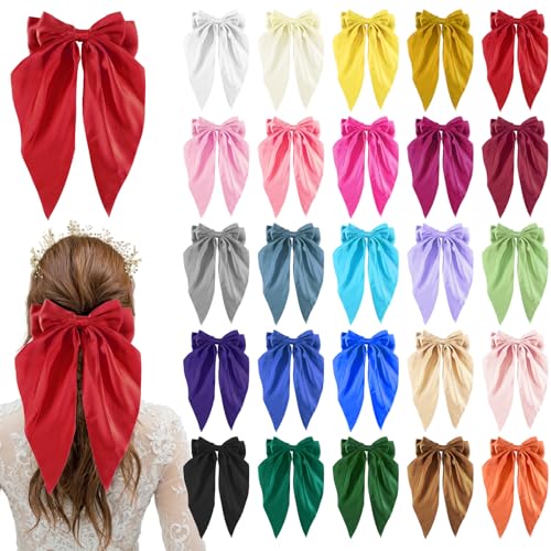 25pcs Satin Big Hair Bows for Women,Multi-color Bulk Silky Bow Hair Clips,Oversized Long Tail Hair Ribbon Bows Hairpins, Cute Women Hair Bow Accessories Gifts