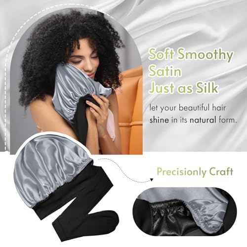BONNET QUEEN Silk Bonnet for Sleeping Satin Bonnet with Tie Hair Wrap Double Layer Sleep Cap for Women Curly Hair, Black Silver