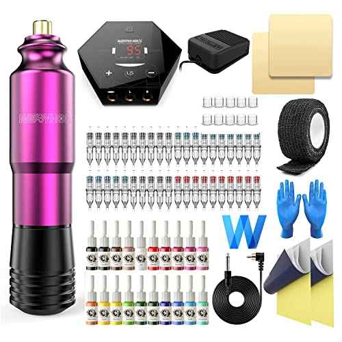 Wormhole Tattoo Kit Rotary Tattoo Machine Kit Professional Tattoo Gun 40pcs Cartridge Needles 20pcs Tattoo Inks Tattoo Power Supply Complete for Beginners and Artists TK202