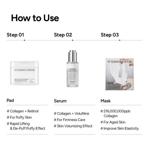 SUNGBOON EDITOR Wrinkle Free Essentials: Deep Collagen Mask(4ea) & Boosting Pad & Cream in Serum, Hydrating for Sensitive Skin, Wrinkle Care, Low molecular weight collagen for elasticity and soothing