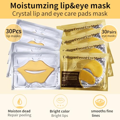 60 Pcs Lip Masks & Eye Masks,Gold Lip Masks,Gold Under Eye Patches for Puffy Eyes and Dark Circles,Collagen Lip Mask Sheet,Moisturizing Lip & Eye Masks Skincare for Dry Lip,Reducing Fine Lines