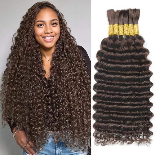 Human Braiding Hair for Boho Braids 150g 24 Inch 6 Bundles/Pack Dark Brown Human Hair Deep Wave Bundles Boho Hair for Braiding 12A Knotless Human Hair Braiding Hair Curly Hair Extensions 2#