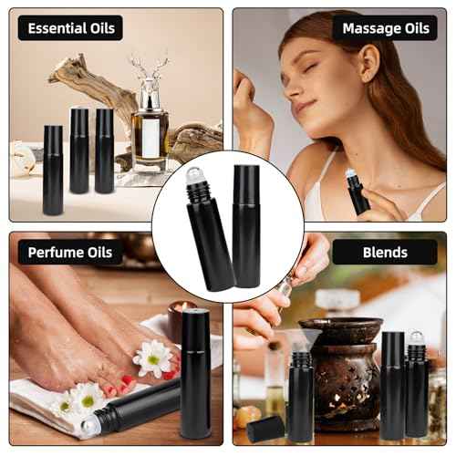 10ML Glass Essential Oil Roller Bottles,24 Pack black Oil Roller Bottles for Essential Oils, refillable rollerball bottle(24 Labels, Opener, Funnel, Dropper Included)