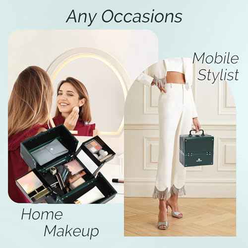 Makeup Train Case 2 Trays Makeup Box Organizer Portable Travel Makeup Case Lockable Makeup Storage Organizer Cosmetic Box for Jewelry Nail Tech Brushes Accessories Tool,Green Pro