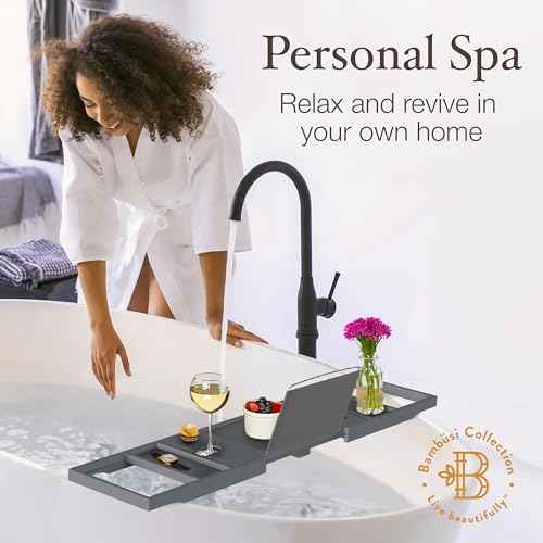 Bathtub Tray - Expandable Gray Bamboo Bath Tray for Tub with Wine Glass Holder, Book & Tablet Stand - Wooden Bathtub Caddy for Bathroom Accessories, Spa Relaxation, Housewarming & Wedding Gift