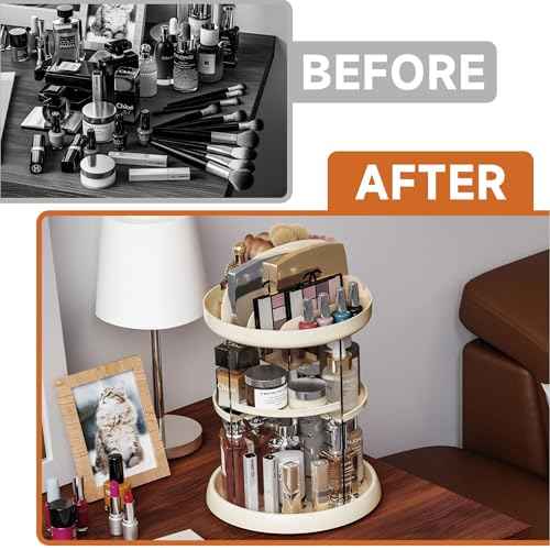 Beige 360 Rotating Makeup Organizer for Vanity - 6 Tier Adjustable Spinning Bathroom Counter Cosmetic Display Cases and Makeup Holder for Palette,Eyeshadow,Brush,Cologne Organizer