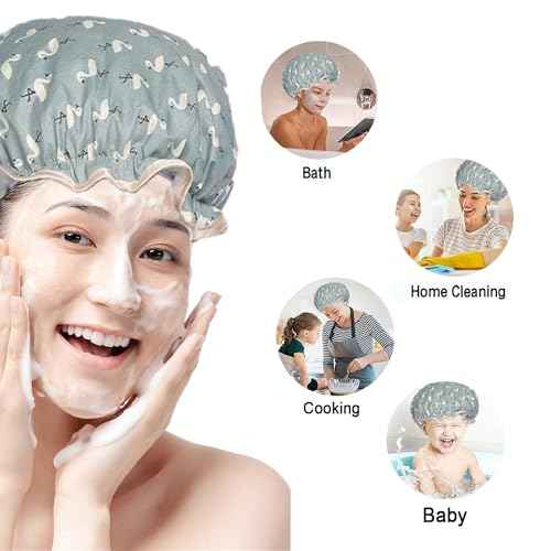 Double Layer Shower Cap for Women Waterproof Reusable Elastic Band, Ruffled Edges Covering Ears for Long, Short & Curly Hair (Blue Bird)