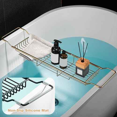 Stainless Steel Bathtub Caddy Tray, Expandable Bath Tub Table, Adjustable Bathroom Tray, Bath Organizer Tub Shelf,Silver,26.8~35.4in
