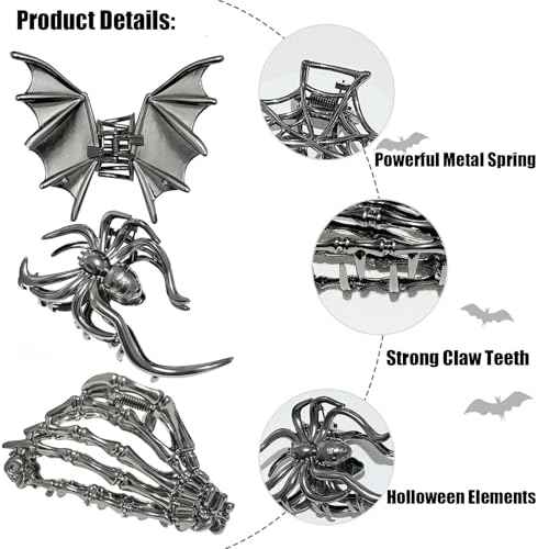 3 Pieces Large Metal Spider Net Bat Hand Hair Claw Clips for Women and Girls Thick Long Hair, Nonslip Skeleton Spooky Barrette Headband Hair Styling Accessories for Halloween Christmas Gifts
