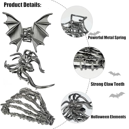 3 Pieces Large Metal Spider Net Bat Hand Hair Claw Clips for Women and Girls Thick Long Hair, Nonslip Skeleton Spooky Barrette Headband Hair Styling Accessories for Halloween Christmas Gifts