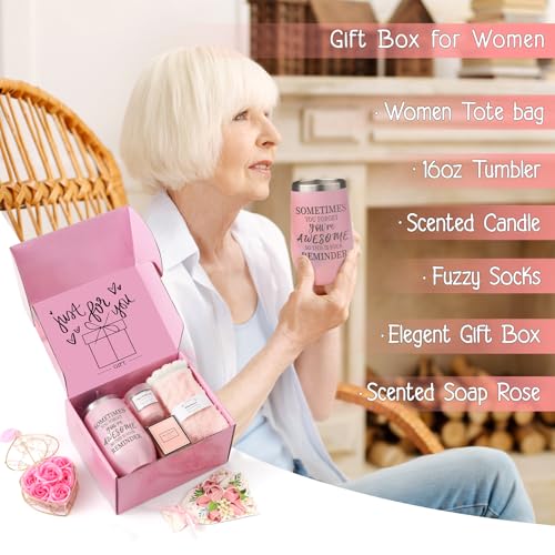 Gifts Baskets for Women, Birthday Baskets for Mom, Sister, Her, Employee, Wife, Thanksgiving Day, Christmas Gifts for Women, Care Package, Gift Sets with Canvas Tote Bag Sock Tumbler Soap Flower