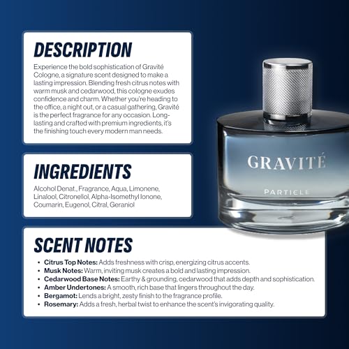 Particle Gravit? Cologne Spray for Men, Long Lasting Fresh Scent, Men's Perfume Woody Citrus Fragrance, Notes of Pepper, Rosemary, Grapefruit, Cedar, Cashmere & Musk, 3.38 FL OZ Bottle