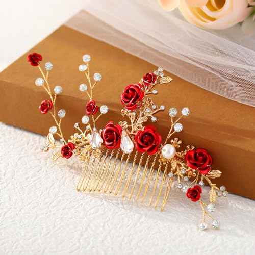 Foyte Crystal Flower Wedding Hair Comb Red Rose Headpiece Gold Hair Piece Bride Pearl Hair Accessories for Women