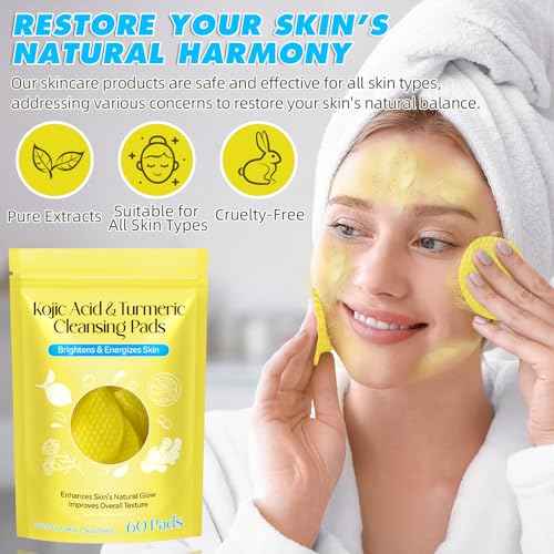 Kojic Acid and Turmeric Cleansing Pads for Face 60Pcs, Turmeric Face Scrub Pads, Cleansing & Exfoliation Balance Skin Oil & Water