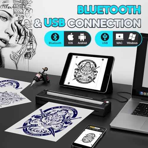 New Tattoo Stencil Printer - Fits A4-A8 Width Thermal Paper, Portable Wireless Bluetooth Thermal Tattoo Kit, Includes 10 Transfer Papers, for Artists & Beginners, Phones/Tablets/PC - Black