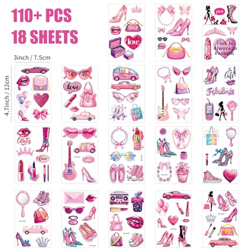 18 Sheets Pink Temporary Tattoos for Girls, 110+ Styles Hand Face Tattoo Stickers Party Favor Party Supplies Gift For Kid Boy Girl Adult Pretty Christmas Gift