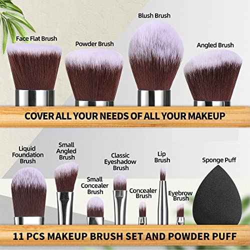 BS-MALL Makeup Brush Set 11Pcs Bamboo Synthetic Kabuki Brush Set Foundation Powder Blending Concealer Eye shadows Blush Cosmetics Brushes with Organizer Bag & Makeup Sponge (style, Count, 12)