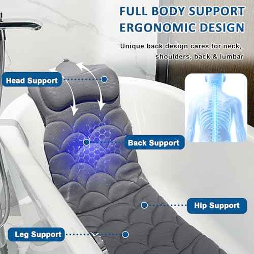 REEZEIVI Full Body Bath Pillow,Thick Bathtub Cushion with Laundry Bag,Bath Pillow with 13 Non-Slip Suction Cups,Soft 3D Mesh Fabric,Bathtub Cushion for Headrest Neck and Back Support (Gray)