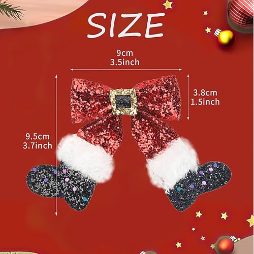 2 Pcs Christmas Hair Clips Santa Boot Hair Barrettes Sparkly Sequin Red Big Bow Christmas Stocking Hairpin Glitter Bows Barrettes Christmas Hair Accessories for Girls Women Xmas Party Gifts