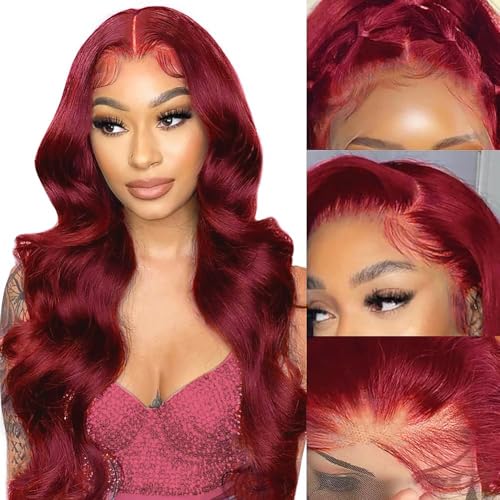 SOSATISFY Body Wave 99J Burgundy Lace Front Wigs Human Hair 200% Density 13x4 Glueless HD Transparent Wine Red Wigs for Women Human Hair Pre Plucked with Baby Hair (20 inch)