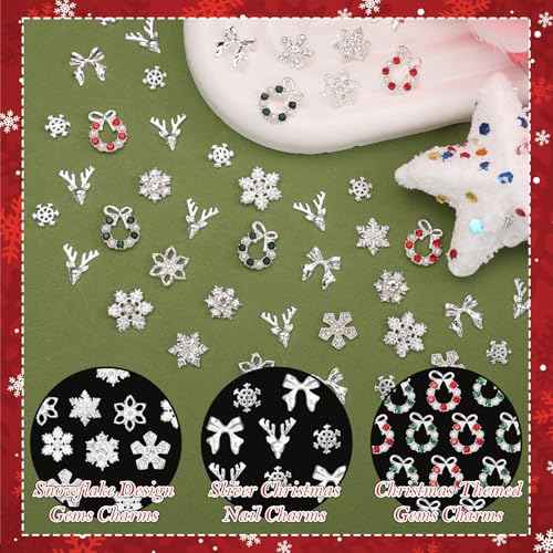 58 Pcs Christmas Nail Charms, Snowflake Bow Nail Charm, Wreath Elk Bow Silver Nail Charms, Xmas-Themed Alloy Silver Nails Art Charm for Christmas Nails DIY Design Craft