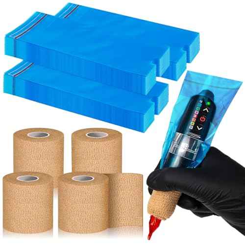 300Pcs Tattoo Machine bags, Tattoo Ppen Covers with 4 Pcs Bandage, 7.4 X 2.5inch, Halloween Disposable Cover Tattoo Machine Gun Bags Plastic Sleeve, Blue