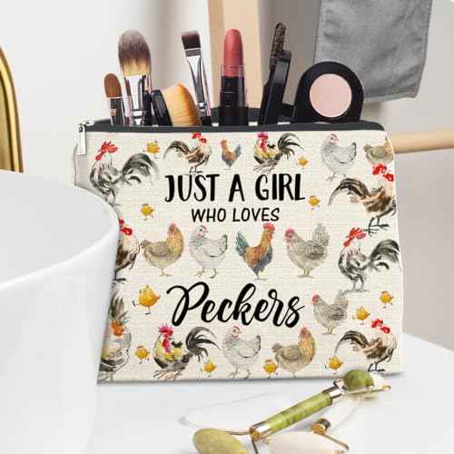 Chicken Gifts for Chicken Lovers Girls, Chicken Lady Gift, Peckers Lovers Gifts Makeup Bag for Sister Daughter Granddaughter Bestie, Just a Girl Who Loves Peckers Cosmetic Bag Makeup Pouch