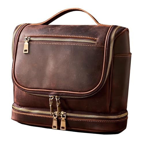 EURYNOME Travel Toiletry Bag For Men, Genuine Leather Shaving Dopp Kit Bottom Storage Holds More (11x8.6x4.7)-Mens Toiletry Bag -Leather Makeup Cosmetic Organizer Kit - Men Travel Toiletries Bag