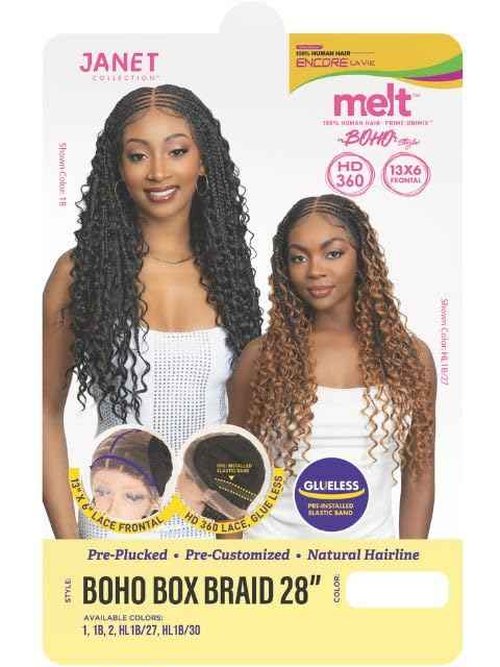 Janet Collection Melt Lace Front ENCORE LAVIE Wig – 28" BOHO BOX Braid Wig – HD 360 Lace 13x6 Free Parting – Human Hair Blend UNIMIX – Pre-Braided Glueless Protective Style