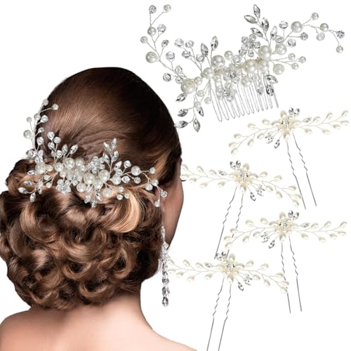 5 Pieces Wedding Hair Accessories: Pearl Crystal Rhinestone Hair Comb, Hair Pins for Brides, Bridesmaids, Women, Girls (Silver, Gold)