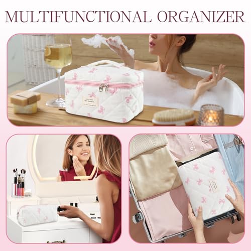 Makeup Bag, 3 PCS Quilted Makeup Bag, Cute Floral Cotton Cosmetic Bag set, Coquette Makeup Pouch Large Travel Toiletry Bag