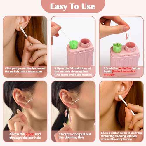 XANGNIER Ear Piercing Cleaner,Ear Piercing Cleaning Kit,Earring Hole Piercing Aftercare Cleaning Tool Set with 240pcs Disposable Ear Piercing Cleaner Floss,50pcs Cotton Swabs for Girls Women Men,Pink