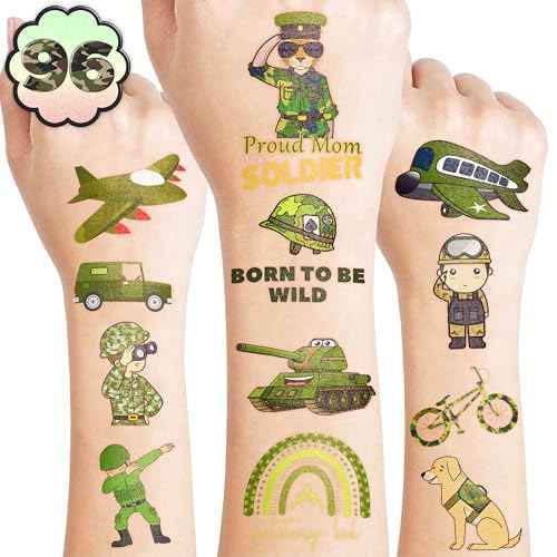 96PCS Camo Temporary Tattoos for Kids - Army Themed Birthday Party Favors, Cute Stickers for Boys & Girls, Fun Gifts, Classroom Prizes, Christmas Party Decorations