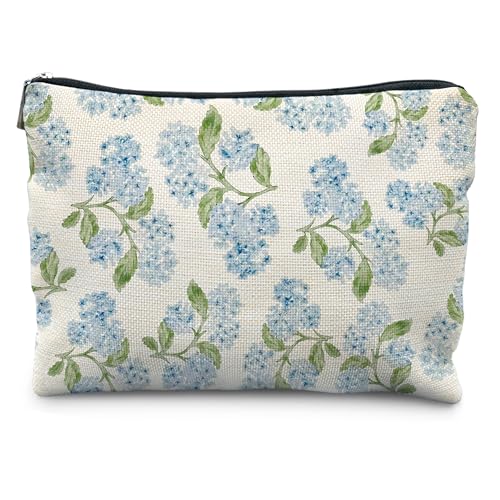 Blue Hydrangea Flower Makeup Bag for Women, Preppy Blue Floral Cosmetic Bags, Hydrangea Gifts for Women Zipper Makeup Pouch for Purse