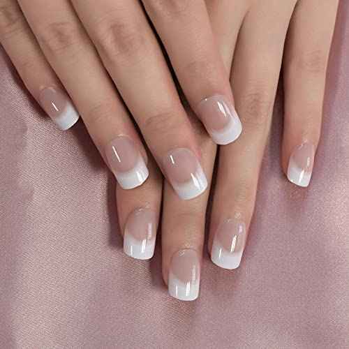 Short French Nail Tips Fake Nails Art Round Glossy Classy Nail Tips Press On Nails Charms With 24pcs Adhesive Tabs Mini Files Woody Stick For Women Girls Gift
