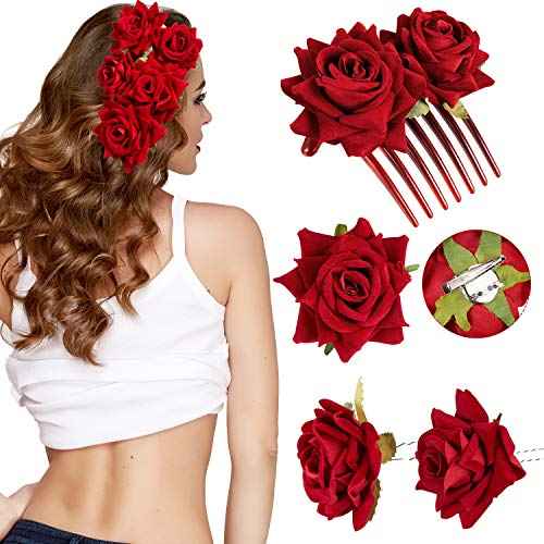 4 Pieces Rose Flower Hair Clip Big Rose Brooch Floral Clips Mexican Flower Hair Accessories for Woman Flamenco Dancer Bridal Party Wedding